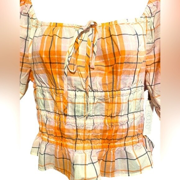 NWT Abound Adley orange & white plaid Juniors Puff Sleeve Crop Top Medium - Picture 8 of 8